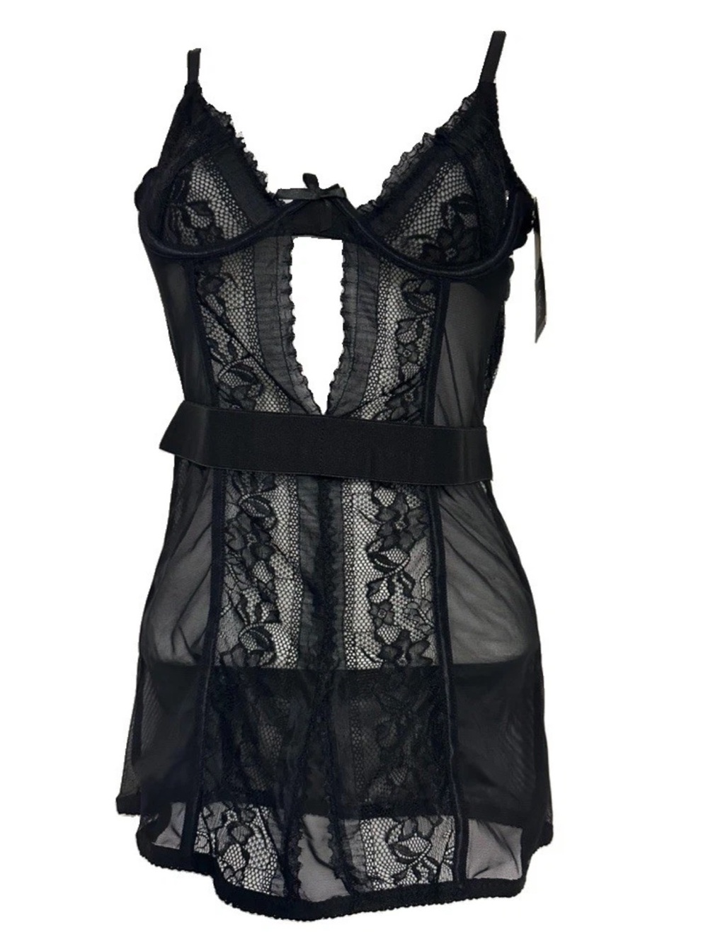 Sexy  Lace Mini Slip Dress / thong Babydoll Black Size Large
